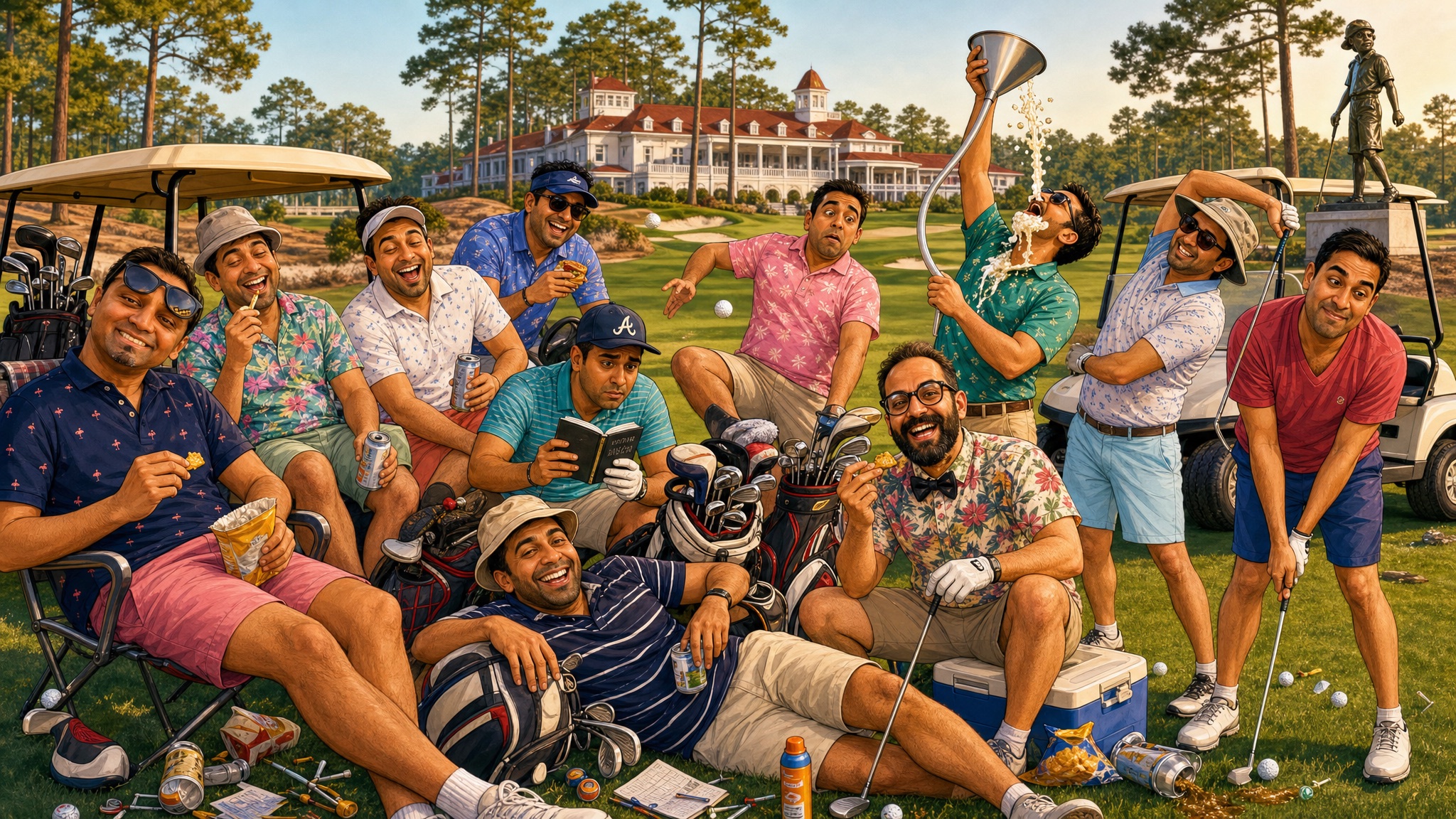 Illustrated group golf trip scene at Pinehurst